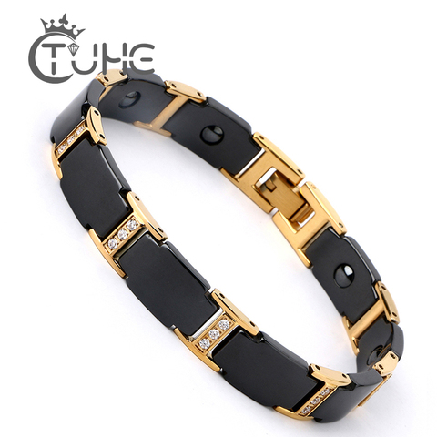 Luxury Men Gold Bracelet Health Black Ceramic Bio Magnetic Germanium Bracelets Men Hand Chain Link Crystal Stainless Jewelry ► Photo 1/6