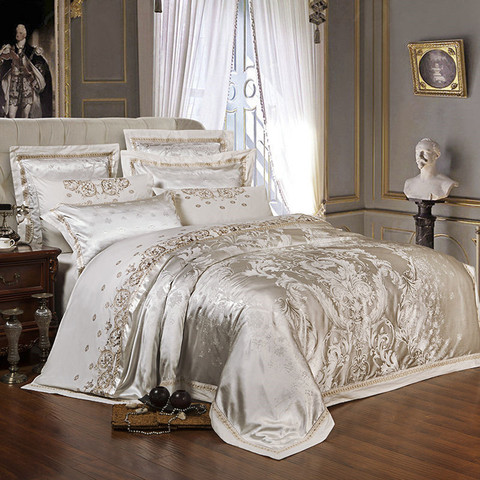 Sliver Gold Luxury Silk Satin Jacquard duvet cover bedding set Extra King Queen size Embroidery bed set bed sheet/Fitted sheet ► Photo 1/2