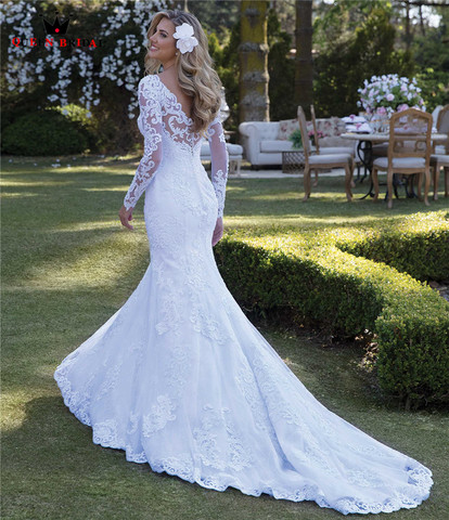 Sexy Wedding Dress Mermaid Long Sleeve Lace Pearls Appliques Gorgesous 2022 New Design Bride Dresses Custom Made WH64M ► Photo 1/6