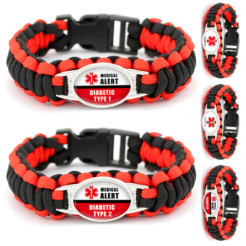 Diabetic Type 1 2 Bracelets Medical Alert 25*18mm Glass Cabochon Outdoor Survival Paracord Charm Bracelets Men Women Jewelry ► Photo 1/1