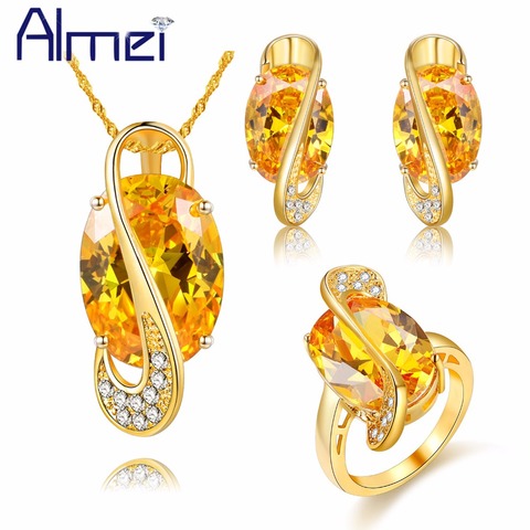 Almei Gold Color Big Yellow Crystal Jewerly Sets for Women Ladies Wedding Zirconia Necklace Earrings Ring Stones Gifts Y182 ► Photo 1/6