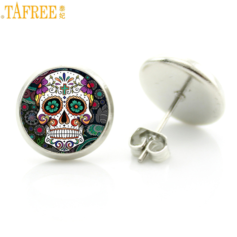 TAFREE Sugar Skull Stud Earrings for men and women Halloween glass cabochon tiny day of the dead Jewelry pendientes hombre D1014 ► Photo 1/6