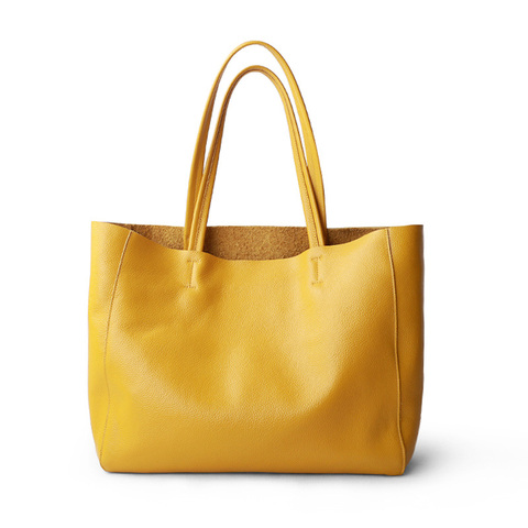 Women Luxury Bag Casual Tote Female Lemon Yellow Fashion Shoulder Handbag Lady Cowhide Genuine Leather Shoulder Shopping Bag ► Photo 1/6