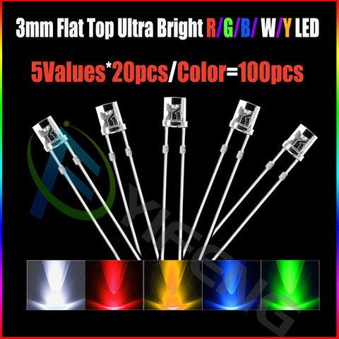 20pcs x 5 Colors = 100pcs 3mm 2pins Flat top White Red Yellow Blue Green Wide Angle light emitting diode lamp LED ► Photo 1/1