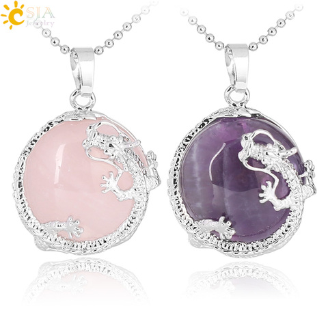 CSJA Necklaces Dragon Pendants Women Natural Stone Purple Crystal Pink Quartz Tiger Eye Lava Rock Flat Round Beads Fittings F304 ► Photo 1/6