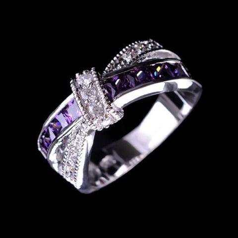 Beautiful pretty fashion Wedding Party White gold color silver color NICE women Purple crystal Lady Ring jewelry LR050 ► Photo 1/6