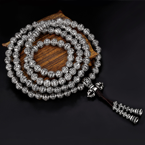 NEW! 100% 925 Silver Tibetan Mala Sterling Silver OM Mantra Beads Mala Buddhist OM Words 108 Prayer Beads Tibetan  Rosary Beads ► Photo 1/1
