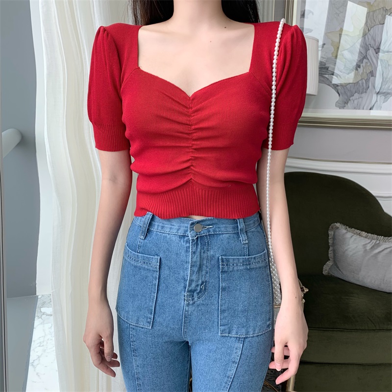 New Vintage Womens Square Neck Short Sleeve Knitted Crop Top Slim Blouse T Shirt