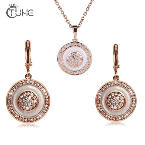 Crystal Wedding Jewelry Sets For Women Gold Round White Healthy Ceramic Pendant Necklace Earrings Ring Set Wedding Jewelry Gift ► Photo 1/6