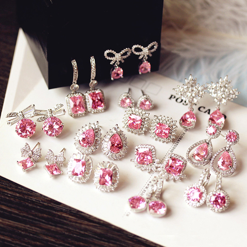 Fashion Cute Water Drop Pink Square Crystal Earrings Flower Heart Butterfly Cubic Zirconia women Party Weddings Birthday Gift ► Photo 1/6
