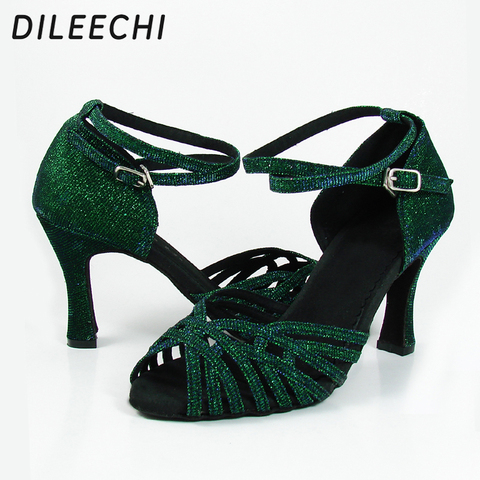 DILEECHI new Green flash Latin dance shoes adult women's Ballroom dancing shoes Samba shoes Sandals for  Ladies Heels 6cm 5cm ► Photo 1/6