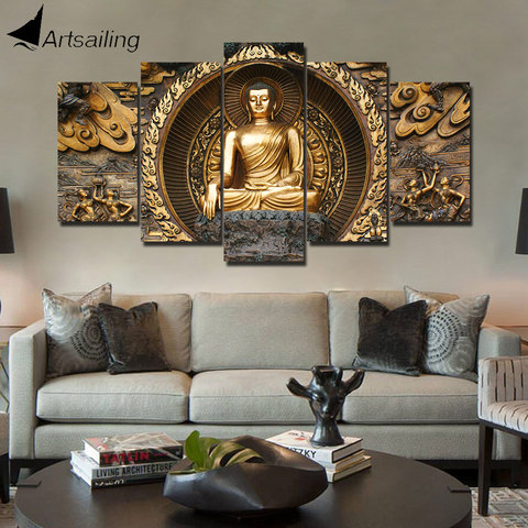 ArtSailing HD print 5 piece canvas art Golden abstract Buddha Painting wall pictures for living room posters home decoration ► Photo 1/6
