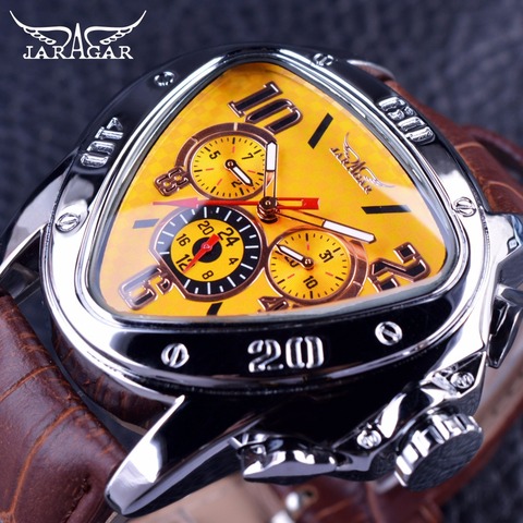 Jaragar Sport Fashion Design Geometric Triangle Case Brown Leather Strap 3 Dial Men Watch Top Brand Luxury Automatic Watch Clock ► Photo 1/6