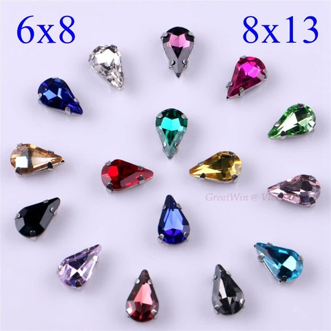 Glass Rhinestones! Narrow Teardrop Shape Diamond With Claw Sew On Strass Metal Base Buckle Crystal Stone 20pcs/pack ► Photo 1/6