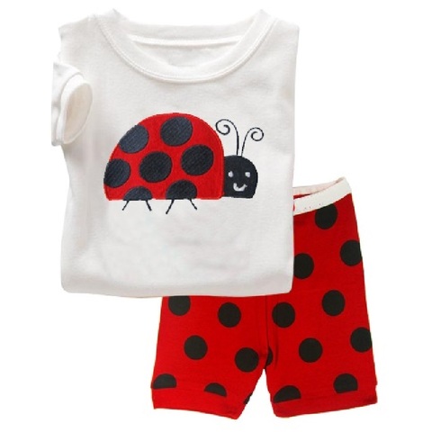 Ladybug Polka Dot Summer Girl Pajamas Children's Clothing 100% Cotton Soft Girl Sleeping Suits t-shirt+pant Baby Home Clothes ► Photo 1/6