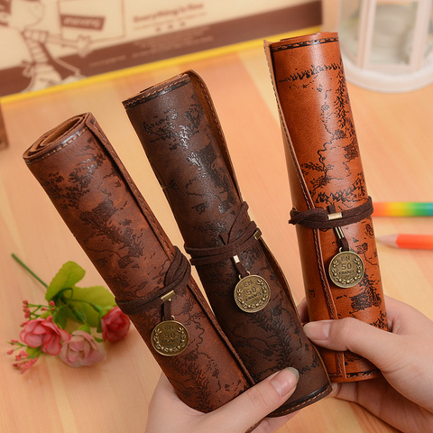 Vintage Retro Treasure Map Pencil Cases Luxury Roll Leather PU Pen Bag Pouch For Stationery School Supplies Make Up Cosmetic Bag ► Photo 1/6
