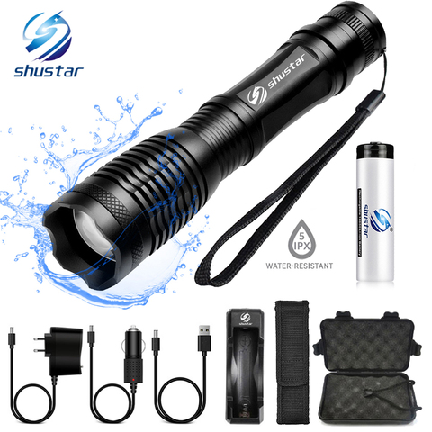 Waterproof LED flashlight T6/L2 Tactics led torch Zoomable flashlight 5 switch modes light with 18650 battery + charger ► Photo 1/6
