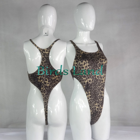 Womens Thong Bodysuit Stretchy High Cut Racer Back Leopard print velvet W428CD ► Photo 1/3