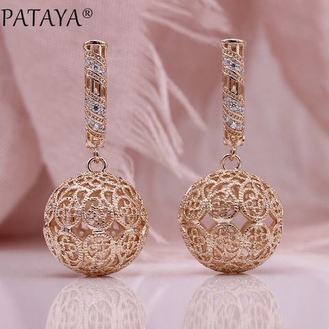 PATAYA New Big Pattern Hollow Long Earrings 585 Rose Gold Women Fashion Jewelry White Natural Zircon Carved Unique Drop Earrings ► Photo 1/6