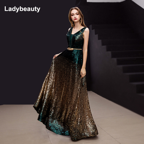 Ladybeauty 2022 New arrival Gradient Sequined Evening Dress V-Neck sleeveless Simple Evening Gowns Long Party perspective Dresse ► Photo 1/5