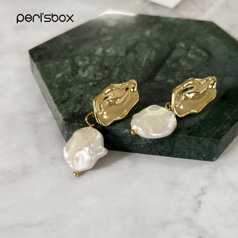 Peri'sbox Large Flat Freshwater Pearl Drop Earrings for Women Gold Metal White Baroque Pearl Earrings Jewelry Hot Selling ► Photo 1/6