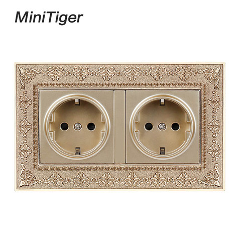 Minitiger 16A Double EU Standard Power Socket 4D Embossing Retro Zinc Alloy Panel 16A Electrical Outlet 146*86 Type ► Photo 1/6