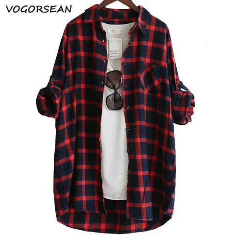 VogorSean Cotton Women Blouse Shirt Plaid 2022 Loose Casual Plaid Long sleeve Large size Tops Womens Blouses red/green ► Photo 1/6