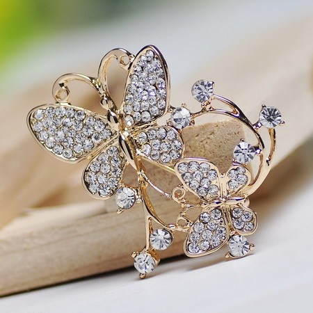 Hesiod Gold Color Double Butterfly Brooch Pins Vintage Crystal Rhinestone Wedding Banque Brooch Corsage Jewelry Mother day Gifts ► Photo 1/2