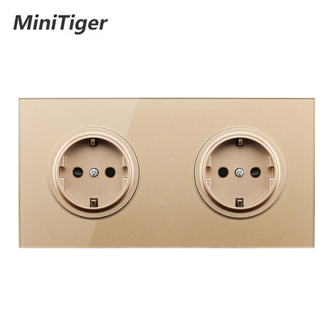 Minitiger Crystal Tempered Gold Glass Panel 16A Double EU Standard Wall Power Socket Outlet Grounded With Child Protective Lock ► Photo 1/5