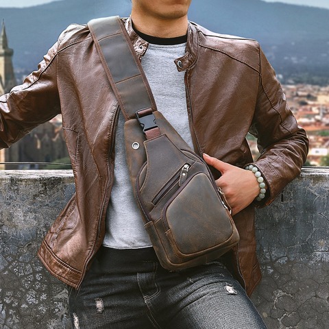 Men Original Crazy horse Leather Casual Fashion Crossbody Chest Sling Bag Design Travel One Shoulder Bag Daypack Male 8015 ► Photo 1/6