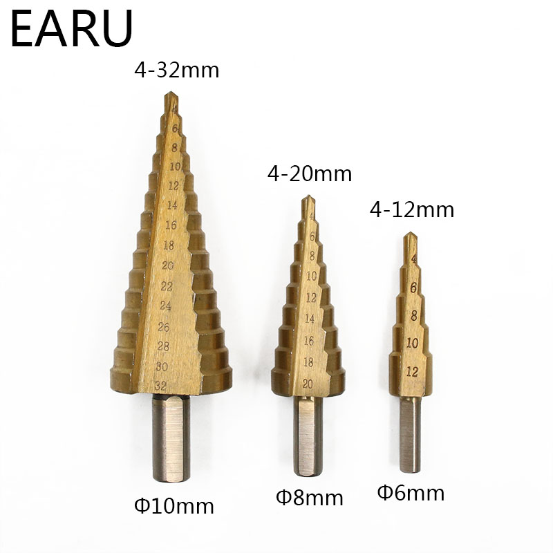 3pc HSS Spiral Grooved Step Cone Drill Bit 4mm to 12mm 20mm 32mm Cutter Tool Set 