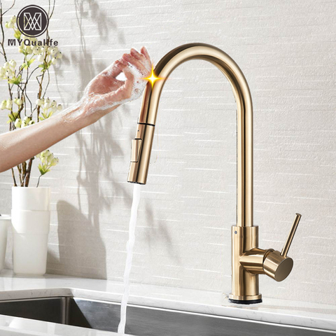 Pull Out Sensor Kitchen Faucet  Brushed Gold Sensitive Touch Control Faucet Mixer For Kitchen Touch Sensor Kitchen Mixer Tap ► Photo 1/5