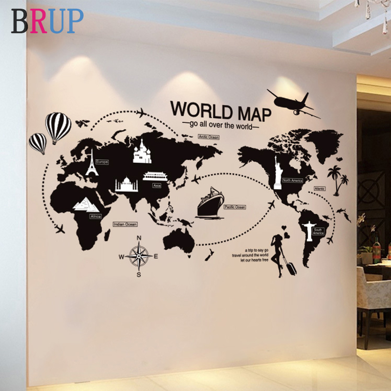 Sofa Background PVC Wall StickersRemovable World Map Black Travel Living Room