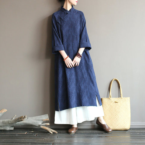 Johnature New 2022 Spring Vintage Plate Buckle Solid Color Cotton Linen Robe Dresses Full Sleeve Stand Collar Women Dresses ► Photo 1/1