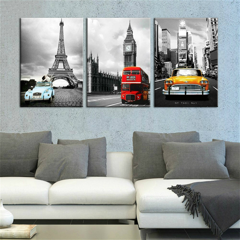 Canvas Pictures Living Room Wall Art 3 Pieces Paris Tower New York City Car Landscape Painting Prints Big Ben Poster Home Decor ► Photo 1/6