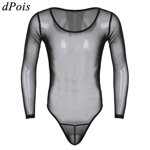 Men Sexy Bodysuit Perspective One Piece Swimsuit O Neck Harness Tights Long Sleeve Leotard Body Suit Nightwear Mesh Lingerie ► Photo 1/6