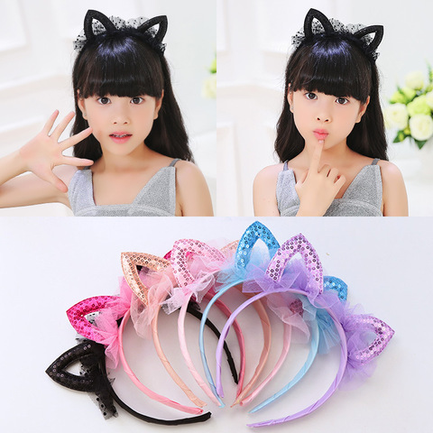 Novelty Kids Cat Ears mesh Headband Sequins hair head hoop band accessories cute Girl Hairband princess Crown Tiara Headwear 1pc ► Photo 1/6