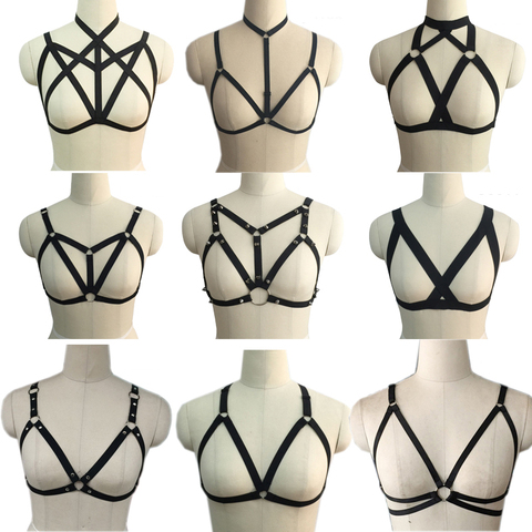 Promotion Sexy Black Open Chest Polyester Cage Bra Women Body Harness Crop Top Bondage Lingerie 9 Designs O0033 ► Photo 1/6