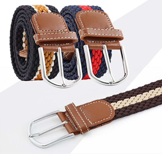 Men Woven Elastic Braided Pattern Knitted Stretch Belt With Covered Buckle