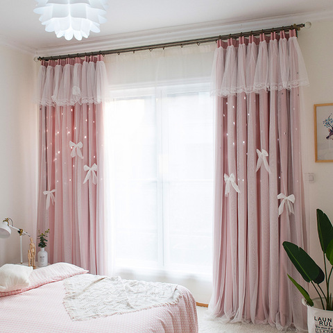 Double Shading Stars Korean Curtains for Living Room  Pink Lace Curtains for  Bedroom Window Custom Curtain Tulle Princess ► Photo 1/4