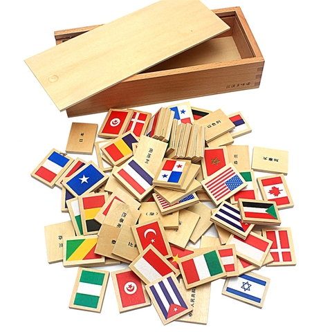 2022 New Arrival Montessori Wood Domino Blocks 80Pcs Flags Domino with Wooden Box Toys for Children Preschool Gift for Boys Girl ► Photo 1/6