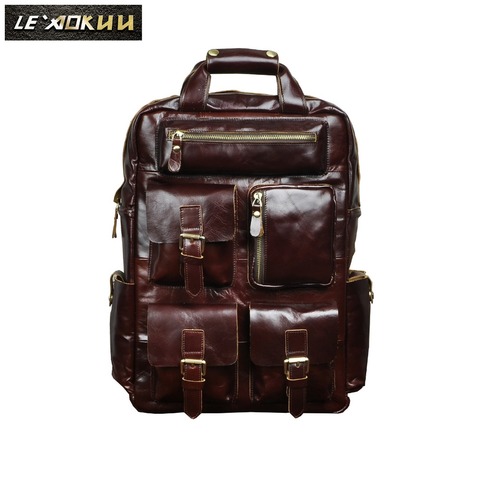 Men Genuine Leather Fashion Travel University College School Bag Designer Male Coffee Backpack Daypack Student Laptop Bag 1170-c ► Photo 1/6