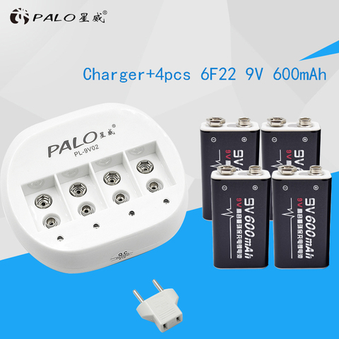 PALO 4 slots 9V Battery Charger for 9v 6f22 Li-ion Lithium battery + 4Pcs 600mah 9v Li-ion rechargeable batteries ► Photo 1/1