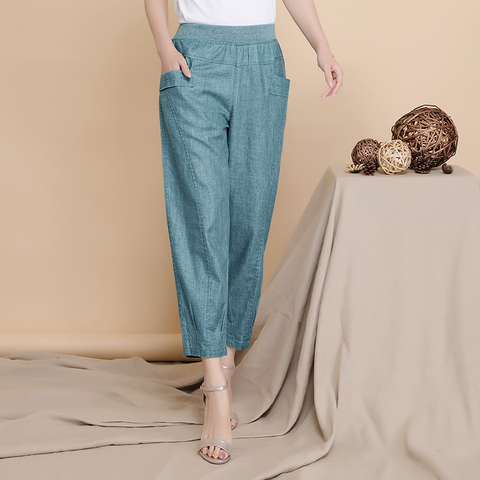 Middle-aged Lady Elastic Waist Loose Casual Pants 2022 Summer Women Linen Harem Pants Plus Size 4XL Pocket Thin Female Trousers ► Photo 1/6