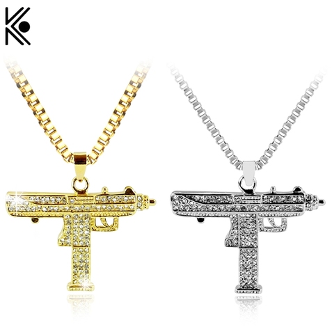 Gold Necklace Uzi Gun Pendant Necklace Men Alloy Full Crystal Bling Submachine Chain Hip Hop Cyclist Accessories Male Necklace ► Photo 1/6