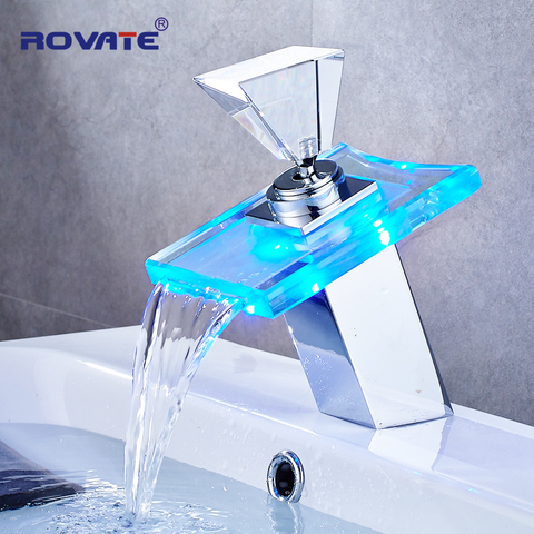 ROVATE Led Light Basin Faucet Bathroom Waterfall Taps Temperature Change Color Single Hole Deck Mounted Water Sink Tap ► Photo 1/6