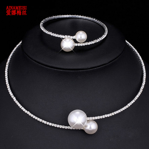 AINAMEISI Fashion Simple Simulated Pearl Bridal Jewelry sets Adjustable Necklace Bracelet For Women Crystal Wedding Jewelry Gift ► Photo 1/6