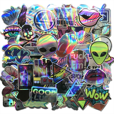 AQK 60Pcs/Lot Cool Motorcycle Laser Stickers Bomb Tide Brand ET Alien Decals For Skateboard Luggage Laptop Notebook Guitar Car ► Photo 1/6