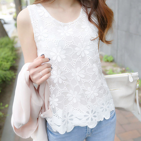 Womens Blouse Shirt Femininas Summer Tops and Blouses Lace Elegant Sleeveless Blusas Crochet Casual Holidays Plus Size Women ► Photo 1/6