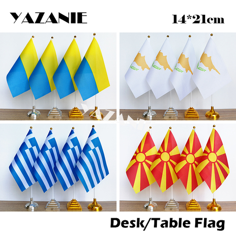 YAZANIE 14*21cm 4PCS Ukraine Cyprus Greek Macedonia Table Flag with Plastic Stand Flagpole World Country Desk Flags and Banners ► Photo 1/6